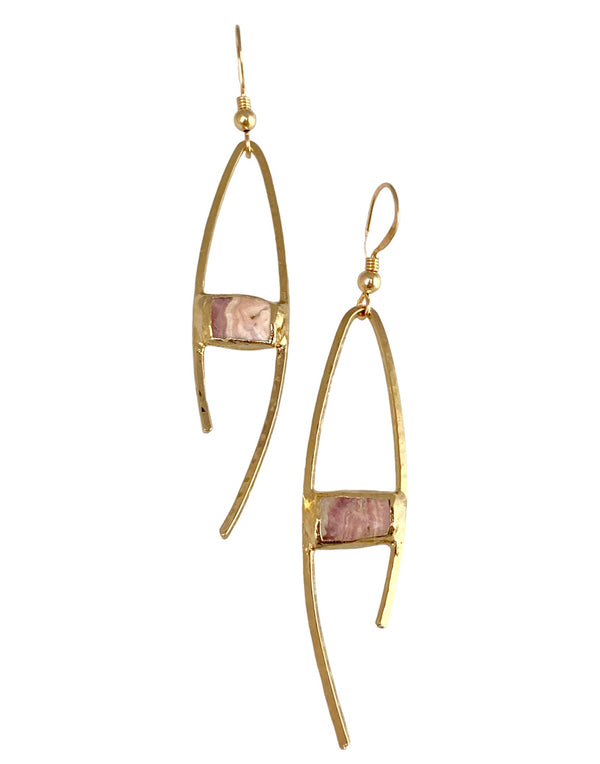 Emery earrings: Unique statement piece with hand-hammered wire and rectangular Rhodochrosite stone. 2" long for a standout and rustic elegant touch to any look.