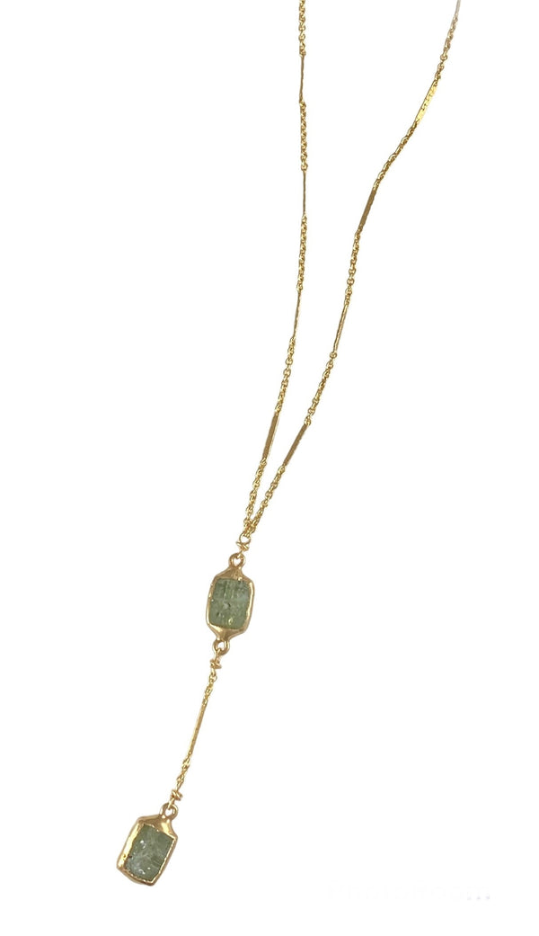 Nature-inspired elegance: Joplin Y-Shaped Necklace. Delicate yet bold, with a 2" kyanite stone drop. Versatile and timeless.