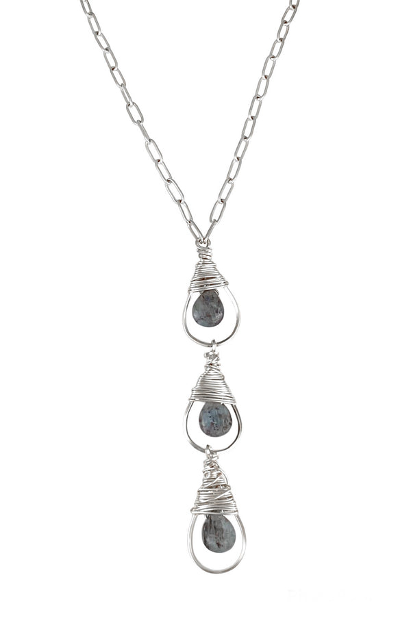 Wire-Wrapped Hoop connects to a Paperclip Chain. Kyanite Teardrops enhance the Exquisite Design, with a 3-inch Wrapped Stone portion for a Stunning Look.