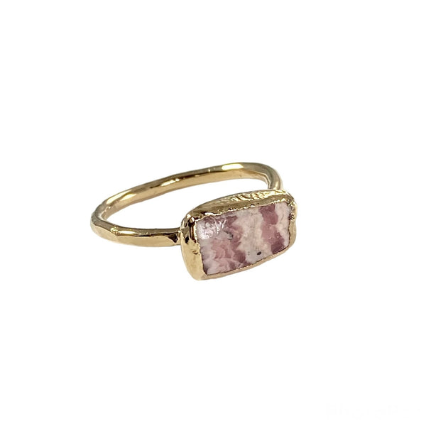 Gianna: Hand hammered thin band ring with unique rectangular Rhodochrosite stone. Versatile and beautiful, each ring is unique with a 1/2 inch stone varying in size, shape, and coloration.