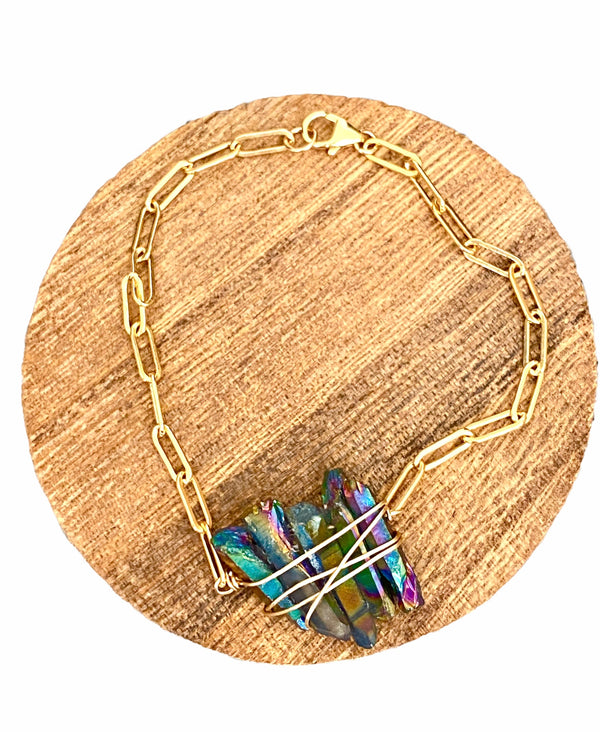 Blue rainbow Quartz wire wrapped chain bracelet - RobynRhodes
