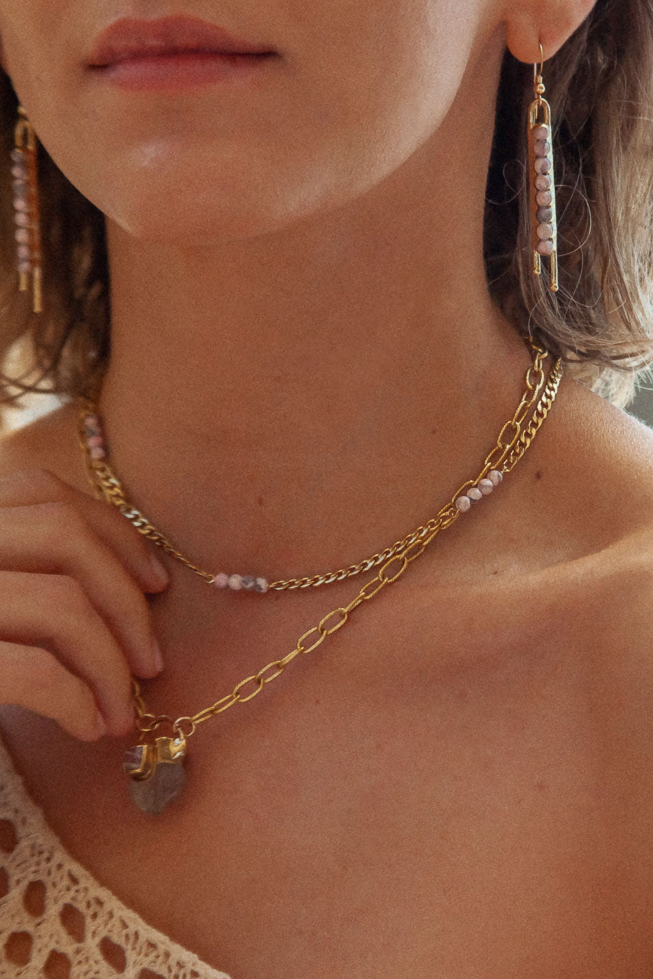 Lillian necklace: Delicate 17-inch flat curb chain with 2-inch extender. Perfect for layering or wearing alone. Round Rhodochrosite stone accents for subtle beauty.