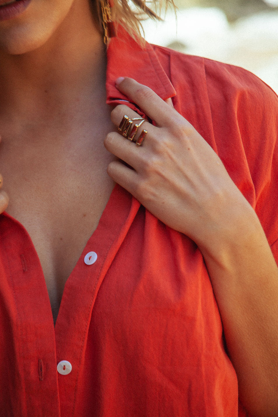 Stunning Isabella Ring: Structured stack of red jasper stones, 1/2 inch long. Versatile design, 1 inch total length. Uniquely varied coloration, embrace your uniqueness!