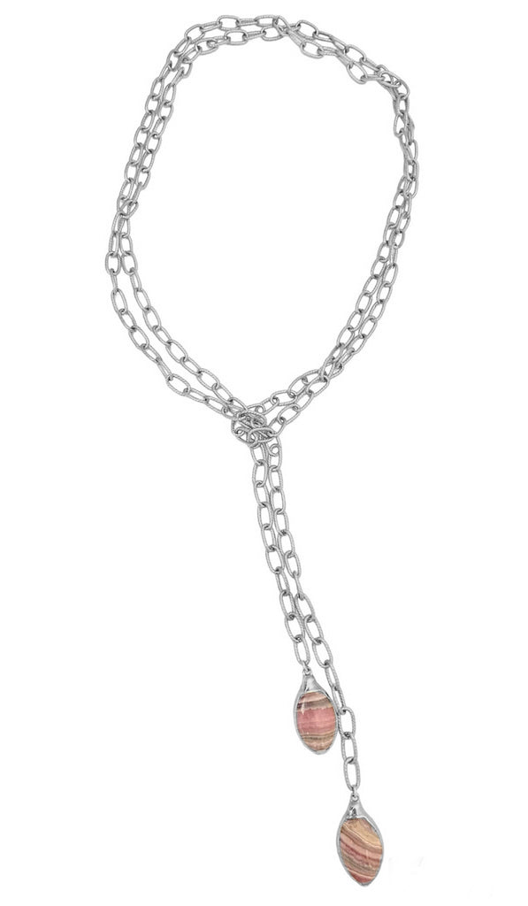 Ruby necklace: Stunning statement piece with extra long etched chain and two 1 inch long marquis shaped Rhodochrosite stones for added glamour. Versatile 43-inch chain can be worn in multiple ways. Natural coloration variations create a unique look