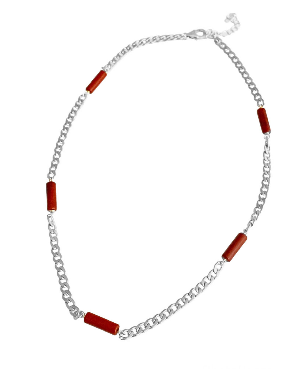 Audrey Necklace: Ideal for layering or subtle pop of color. Red jasper bar stones, each 1/2 inch long, on 18 inch flat curb chain with 2 inch extender. Perfect for everyday wear.