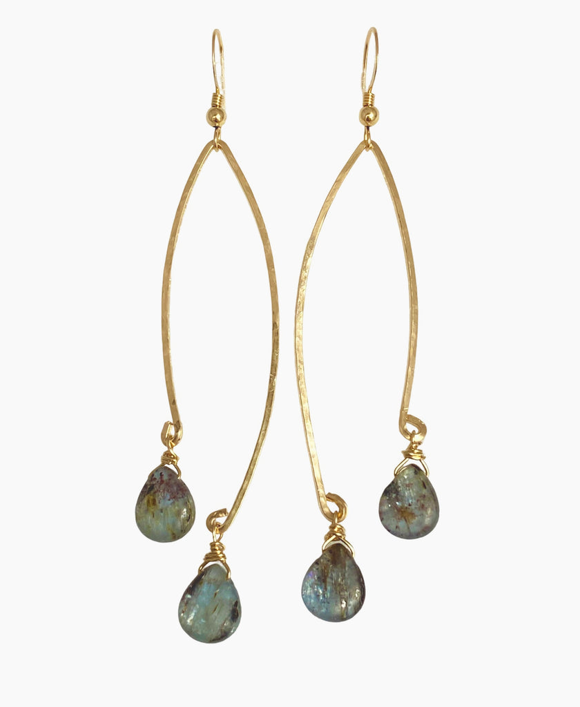 Sophisticated Nevaeh Earrings. Hand-hammered wired design with shimmering Kyanite stones. Bold and luxurious at 3 inches long.