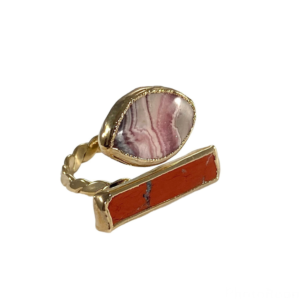 Aria Stone Ring: Red Jasper and Rhodochrosite on a braided wire band. Unique and magical effect. Stone sizes vary: Rhodochrosite (3/4") and Red Jasper (approx. 1").