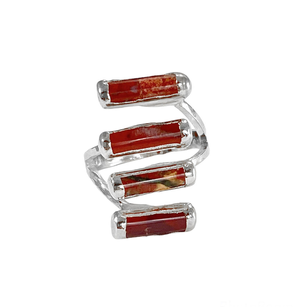 Stunning Isabella Ring: Structured stack of red jasper stones, 1/2 inch long. Versatile design, 1 inch total length. Uniquely varied coloration, embrace your uniqueness!