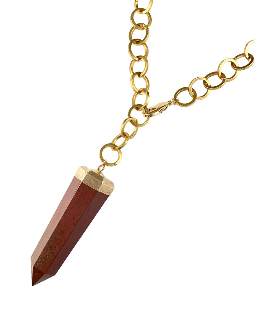 Radiant Jazmin Necklace: Bold statement piece. Adjustable thick chain with red jasper pendant (approx. 2 inches long, size/color may vary). Set your own rules.