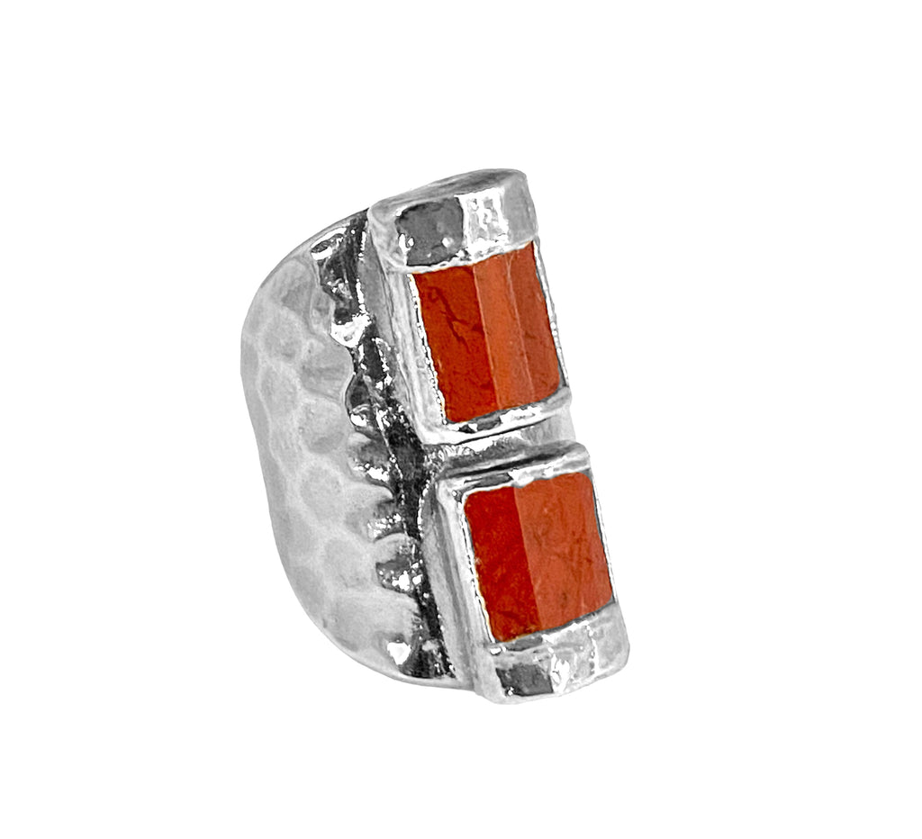 Make a Bold Statement with Ellie: Distinctive Red Jasper Ring. Comfortable and adjustable design, one inch long. Vibrant hue for standout style.