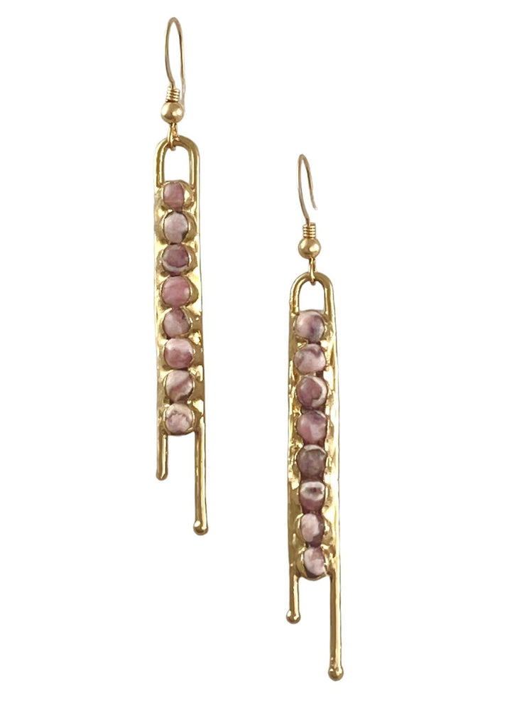 Skylar earrings: Precision-crafted with uneven, hand-hammered double wires and Rhodochrosite round stones. 2 inches long, making a statement with any outfit.