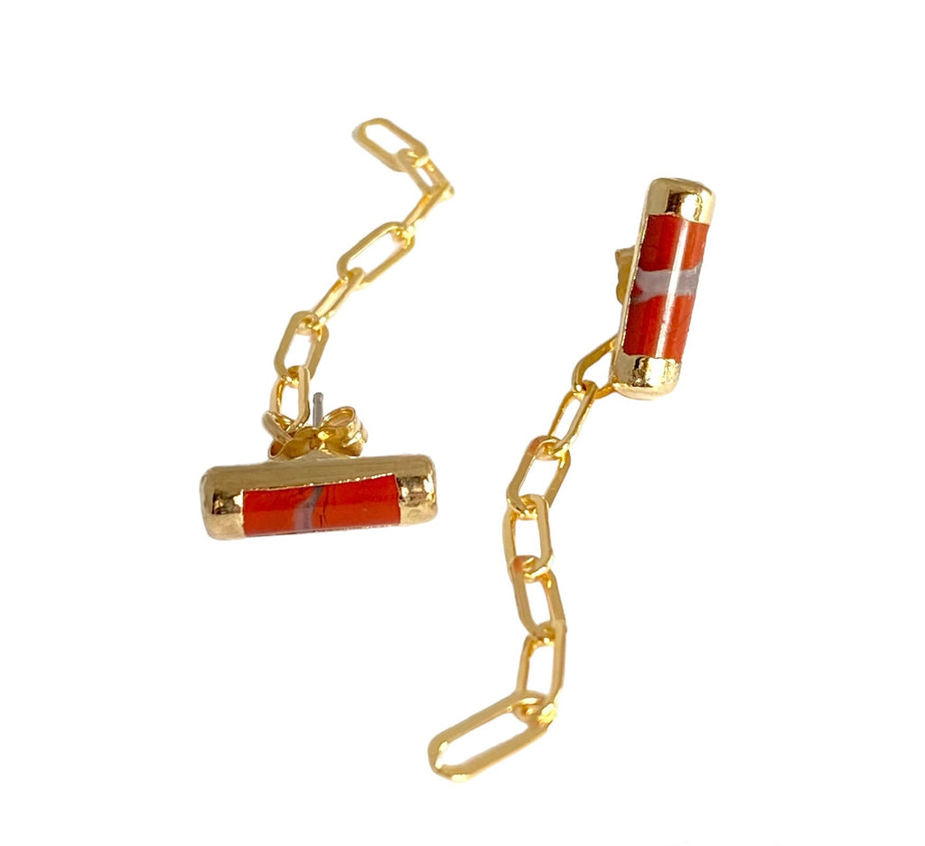 Caroline Stud Earrings: Classic front, bold pop of color in the back. 1/2" red jasper for a statement, medium paperclip chains for an edgy touch. Perfect for all occasions!