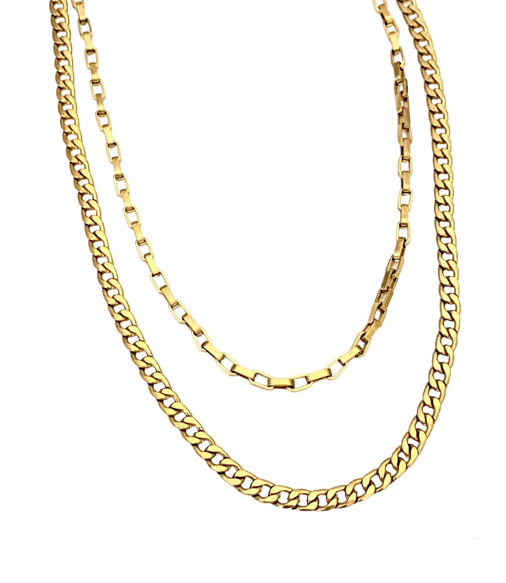 Versatile Willow Necklace. Stainless steel box and flat curb chains with 2-inch difference. Effortless style for any environment.