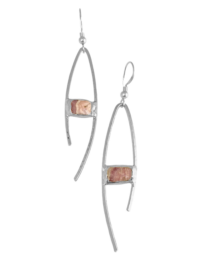 Emery earrings: Unique statement piece with hand-hammered wire and rectangular Rhodochrosite stone. 2" long for a standout and rustic elegant touch to any look.
