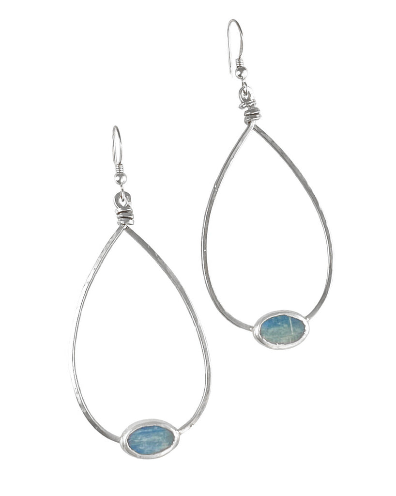 Versatile Cora Earrings. 1/2" kyanite oval stones on 2" hammered hoops. Timeless and essential.