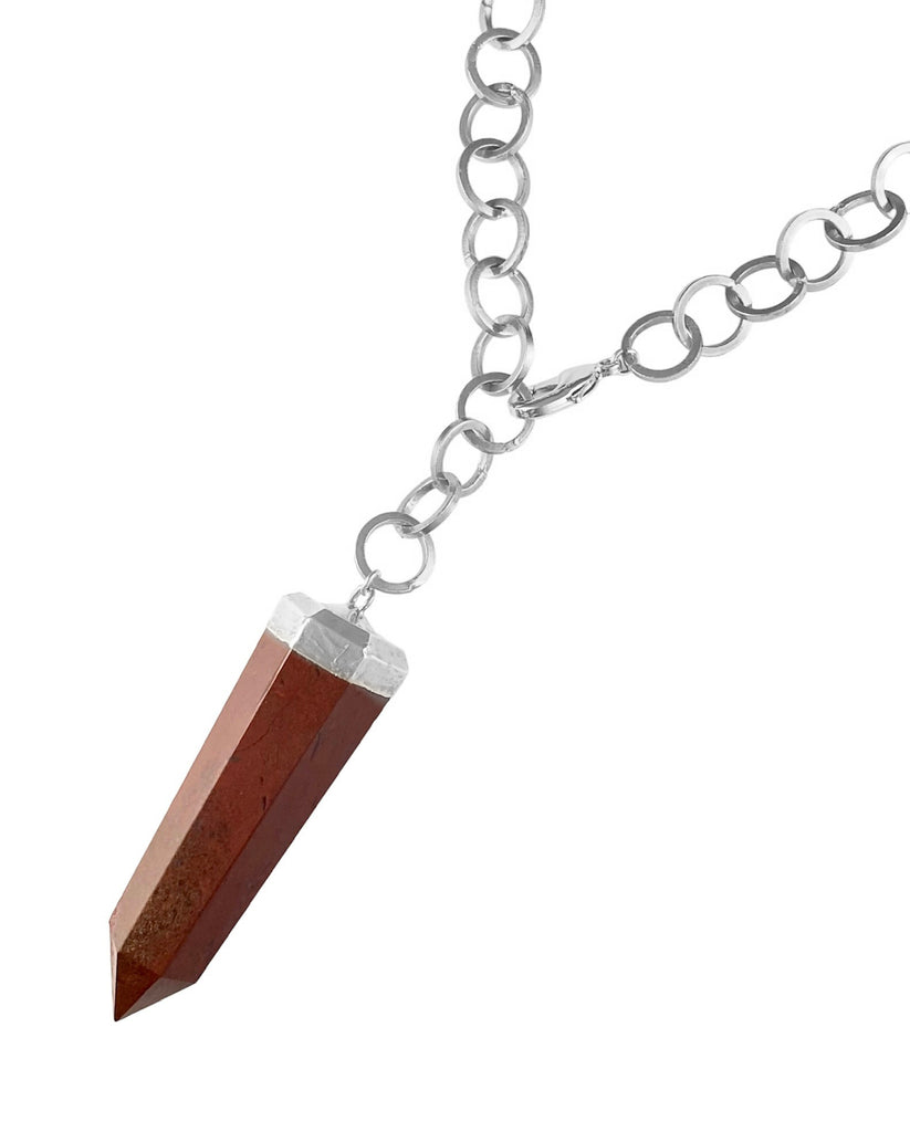 Radiant Jazmin Necklace: Bold statement piece. Adjustable thick chain with red jasper pendant (approx. 2 inches long, size/color may vary). Set your own rules.