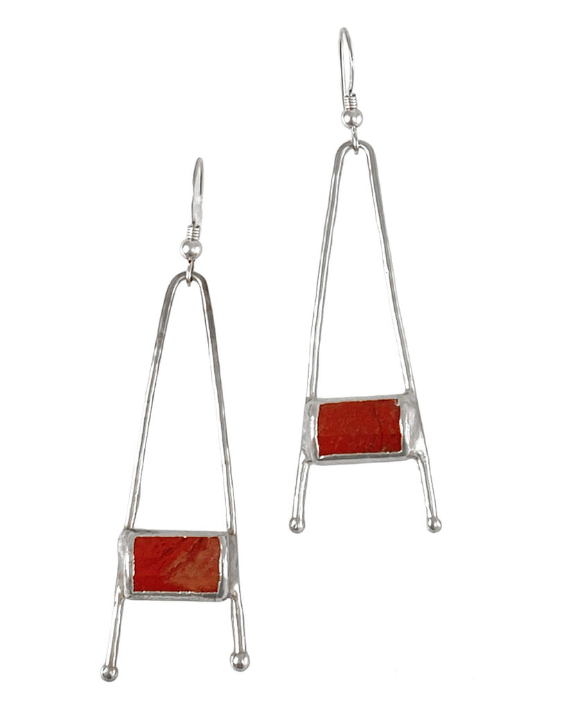 Elegant Eva Earrings: Handcrafted wire design with rectangular jasper stone. Eye-catching pop of color. Subtle structure and elegance, measuring 2 inches in length.