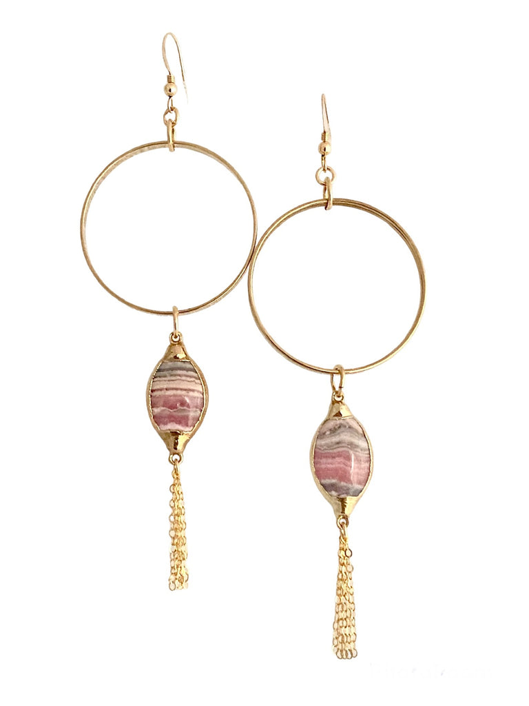 Elegant hoops with marquis-shaped Rhodochrosite stone and chain dangle. Expertly crafted for a glamorous touch. Earrings are 4" in length. Stones vary in coloration and pattern.