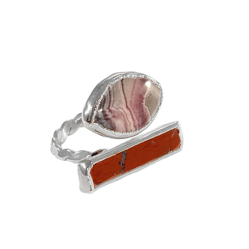 Aria Stone Ring: Red Jasper and Rhodochrosite on a braided wire band. Unique and magical effect. Stone sizes vary: Rhodochrosite (3/4") and Red Jasper (approx. 1").