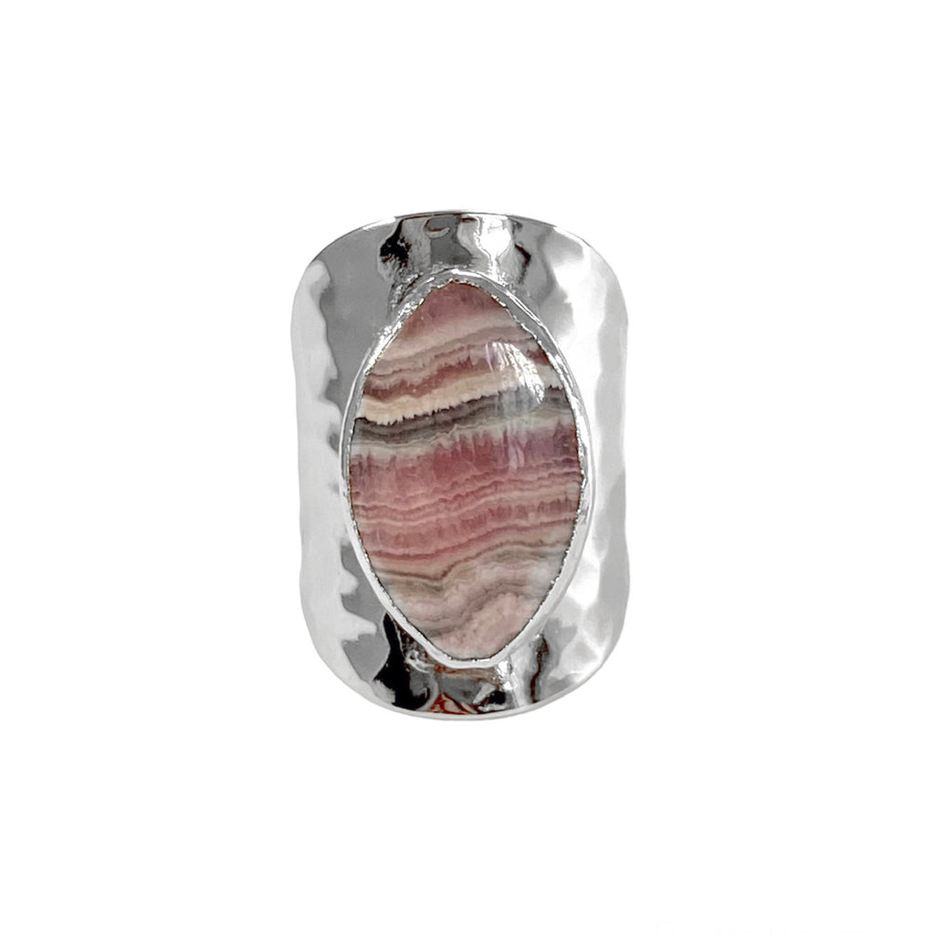 Avery: Adjustable hand-hammered ring with captivating Rhodochrosite stone. Mesmerizing design at 1 inch long