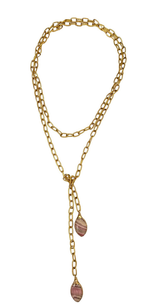 Ruby necklace: Stunning statement piece with extra long etched chain and two 1 inch long marquis shaped Rhodochrosite stones for added glamour. Versatile 43-inch chain can be worn in multiple ways. Natural coloration variations create a unique look
