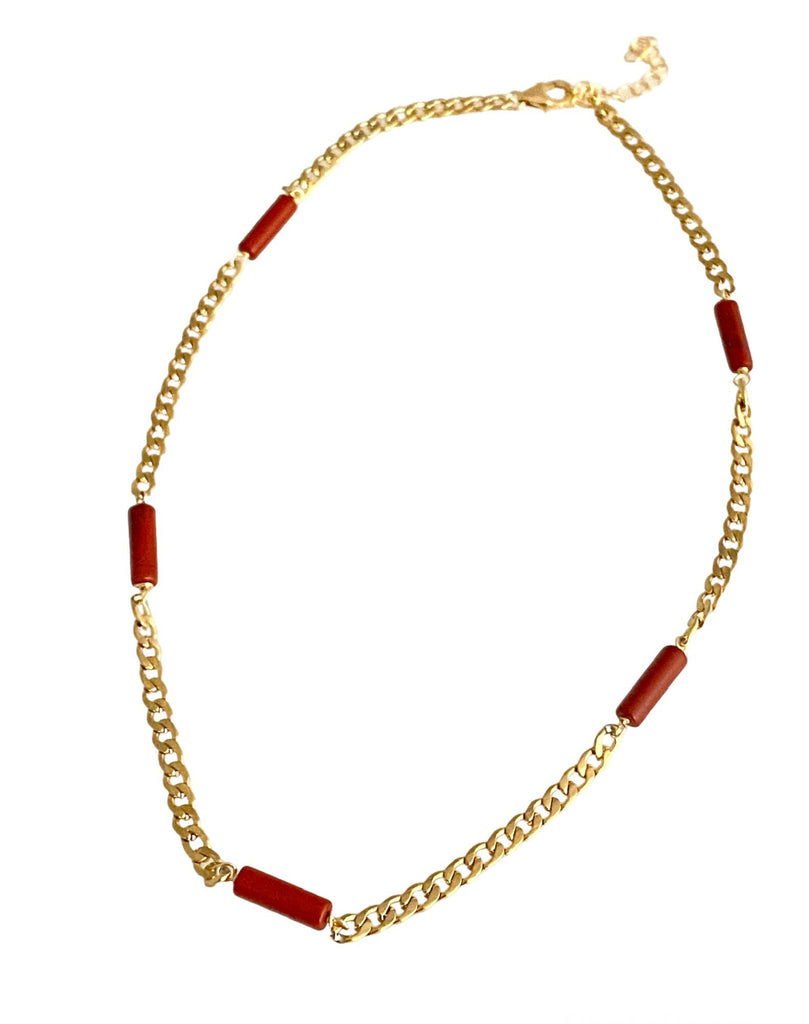 Audrey Necklace: Ideal for layering or subtle pop of color. Red jasper bar stones, each 1/2 inch long, on 18 inch flat curb chain with 2 inch extender. Perfect for everyday wear.