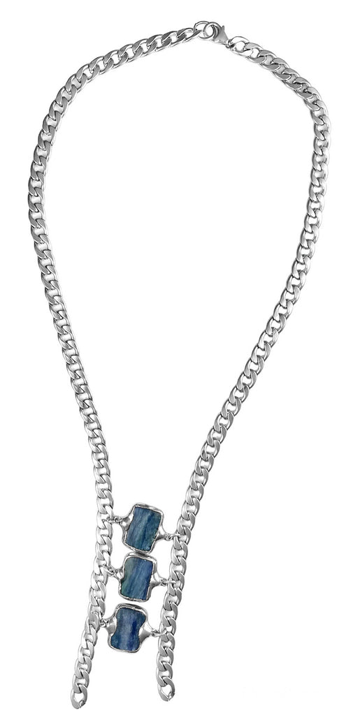 Triple blue kyanite stones on an asymmetrical chain. Stand out with this one-of-a-kind style!