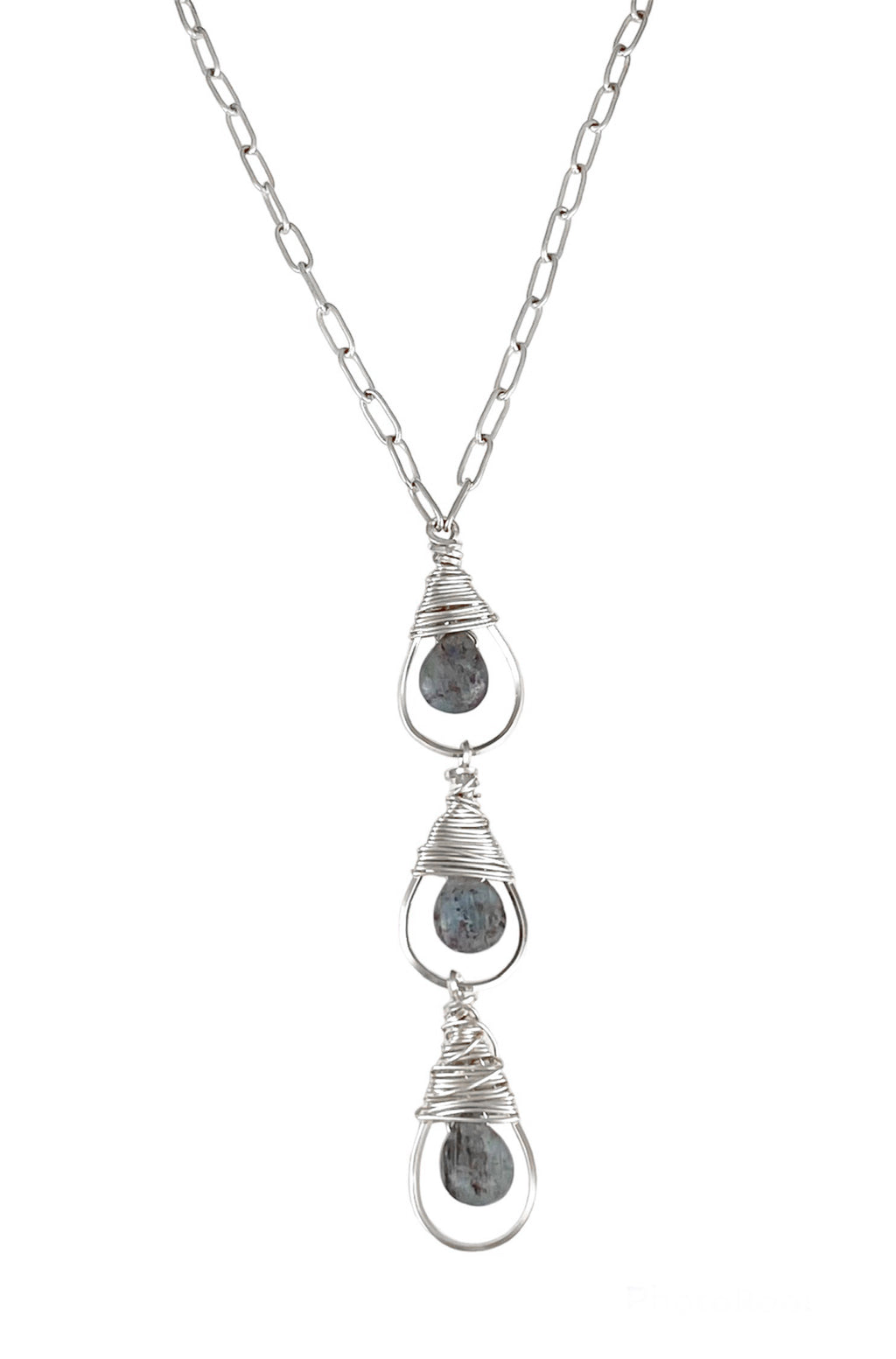 Wire-Wrapped Hoop connects to a Paperclip Chain. Kyanite Teardrops enhance the Exquisite Design, with a 3-inch Wrapped Stone portion for a Stunning Look.