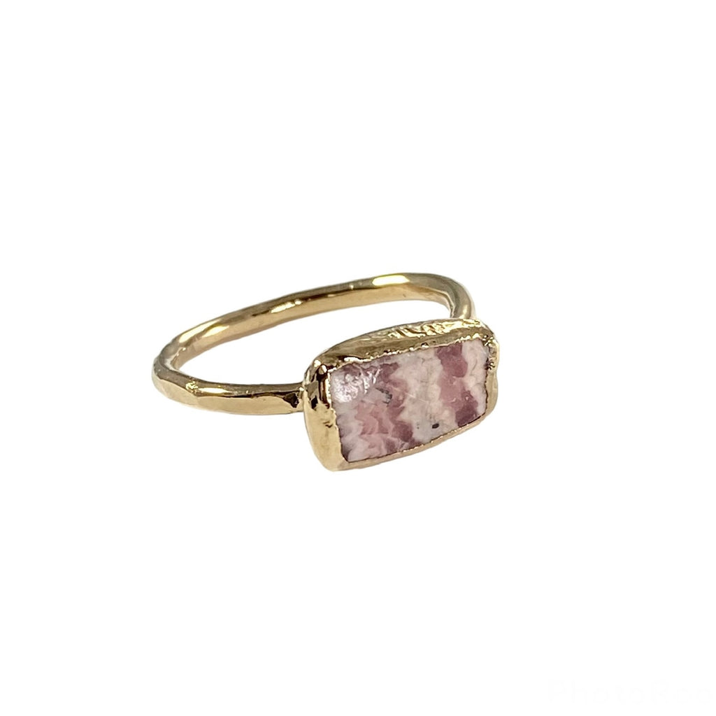 Gianna: Hand hammered thin band ring with unique rectangular Rhodochrosite stone. Versatile and beautiful, each ring is unique with a 1/2 inch stone varying in size, shape, and coloration.