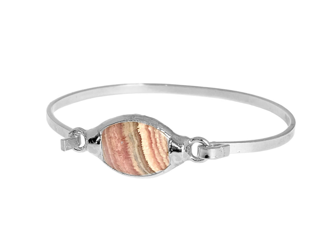 Samuel: Sophisticated ID bracelet with side loop closure and marquis-shaped Rhodochrosite stone. One-inch stone varies in coloration for a unique look. Modern twist on a classic design. 1/8 inch wide wire around bracelet.