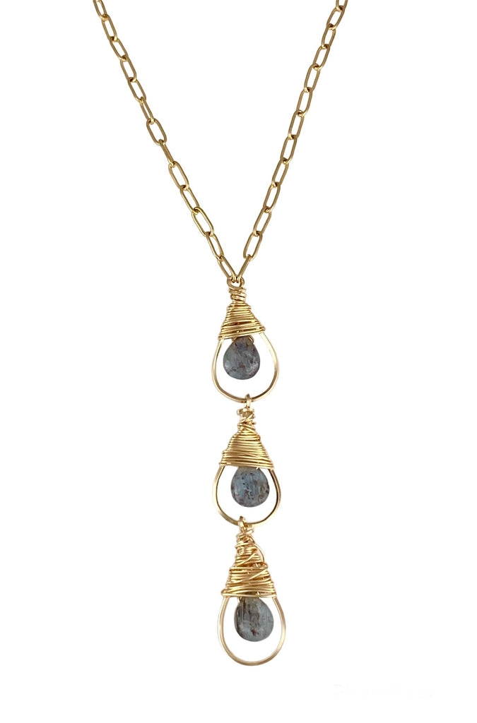 Wire-Wrapped Hoop connects to a Paperclip Chain. Kyanite Teardrops enhance the Exquisite Design, with a 3-inch Wrapped Stone portion for a Stunning Look.