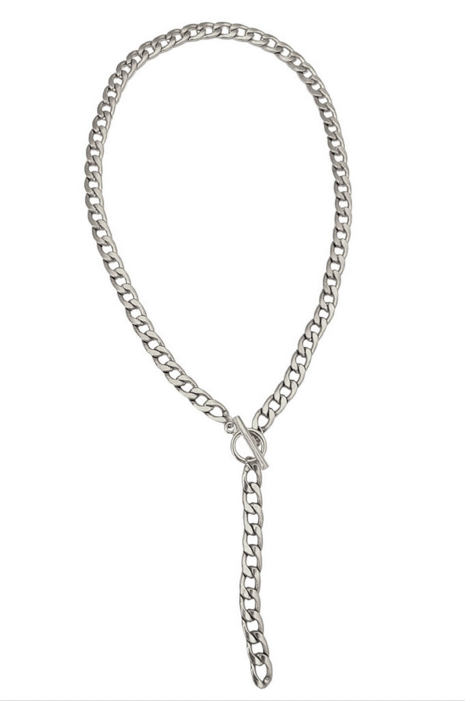 Lucy y-shaped necklace: Stylish and sexy with front toggle closure. Made of 1/4 inch wide flat curb chain and 3 inch hanging chain. A statement piece.