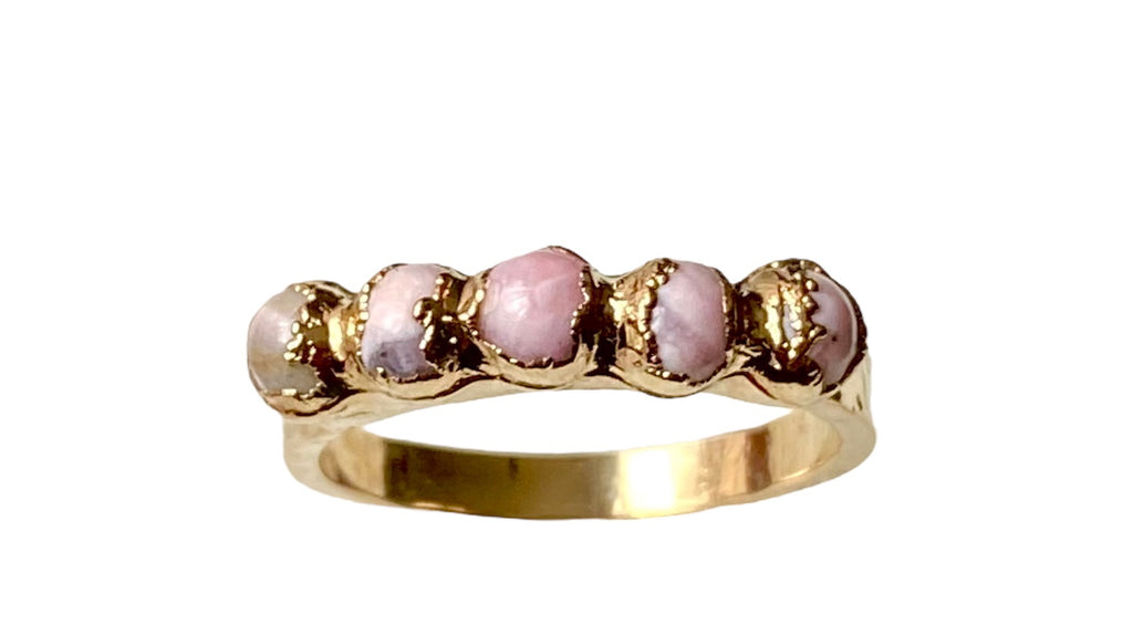 Sofia 5 Stone Rhodochrosite Ring: Minimalistic and elegant, featuring five round Rhodochrosite stones with subtle color variations. Ideal for layering and everyday wear, a perfect accessory for any occasion.