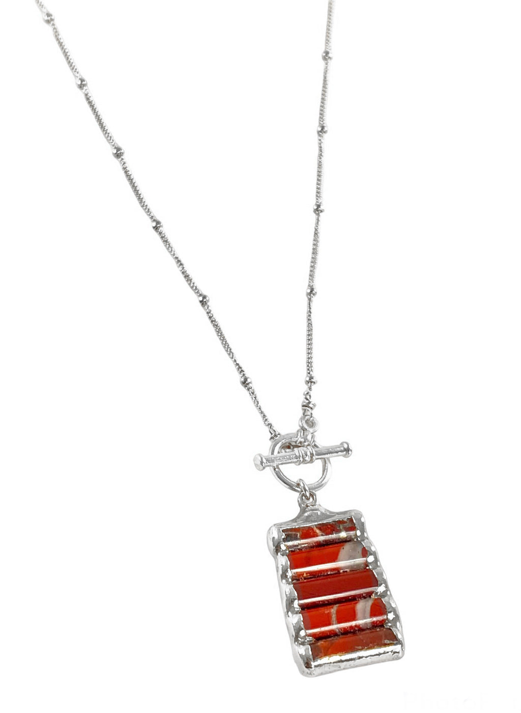 Stunning Elena Necklace: Red jasper stones on delicate ball chain. Front toggle closure for adjustability. Perfect for layering, vibrant and fun. Ideal for everyday wear.