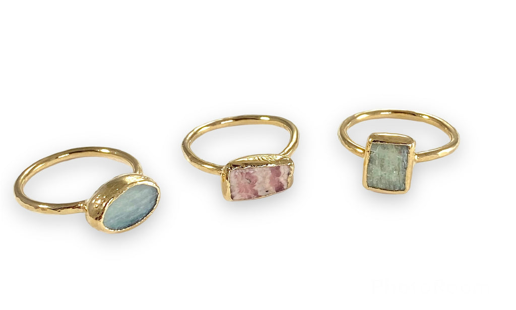 Gianna: Hand hammered thin band ring with unique rectangular Rhodochrosite stone. Versatile and beautiful, each ring is unique with a 1/2 inch stone varying in size, shape, and coloration.