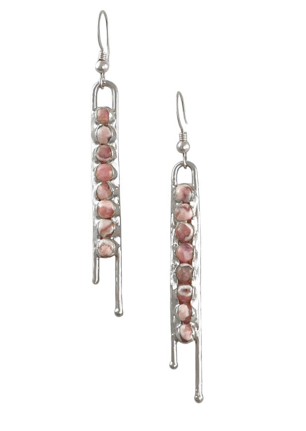 Skylar earrings: Precision-crafted with uneven, hand-hammered double wires and Rhodochrosite round stones. 2 inches long, making a statement with any outfit.