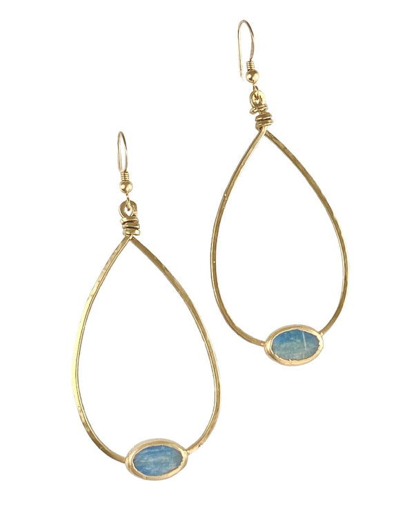 Versatile Cora Earrings. 1/2" kyanite oval stones on 2" hammered hoops. Timeless and essential.