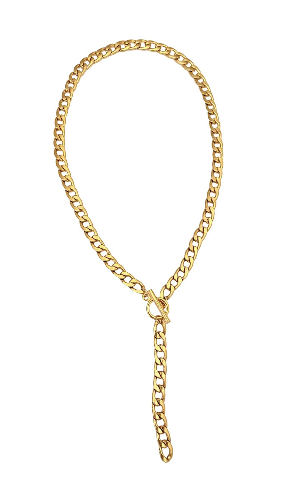 Lucy y-shaped necklace: Stylish and sexy with front toggle closure. Made of 1/4 inch wide flat curb chain and 3 inch hanging chain. A statement piece.