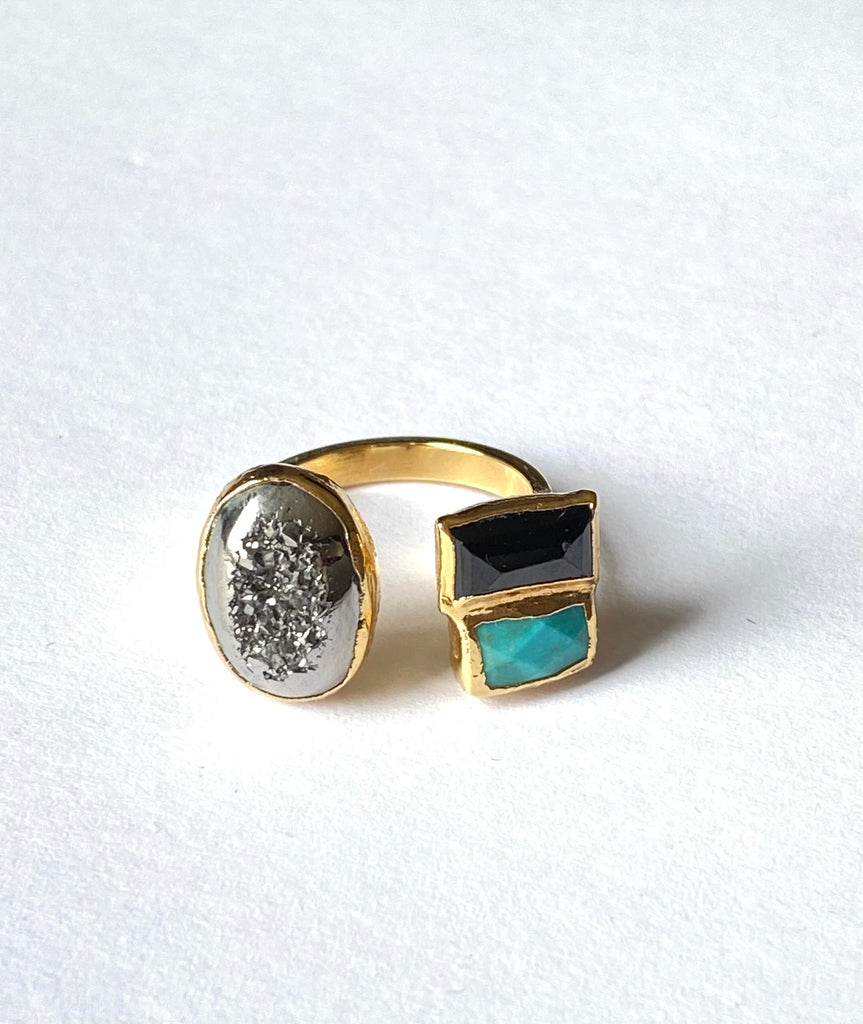 Triple stone ring: Druzy, onyx & turquoise - RobynRhodes