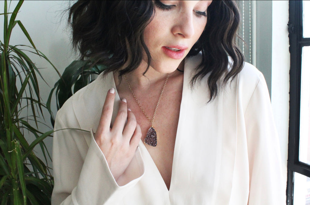 Mauve druzy pendant gold necklace - RobynRhodes