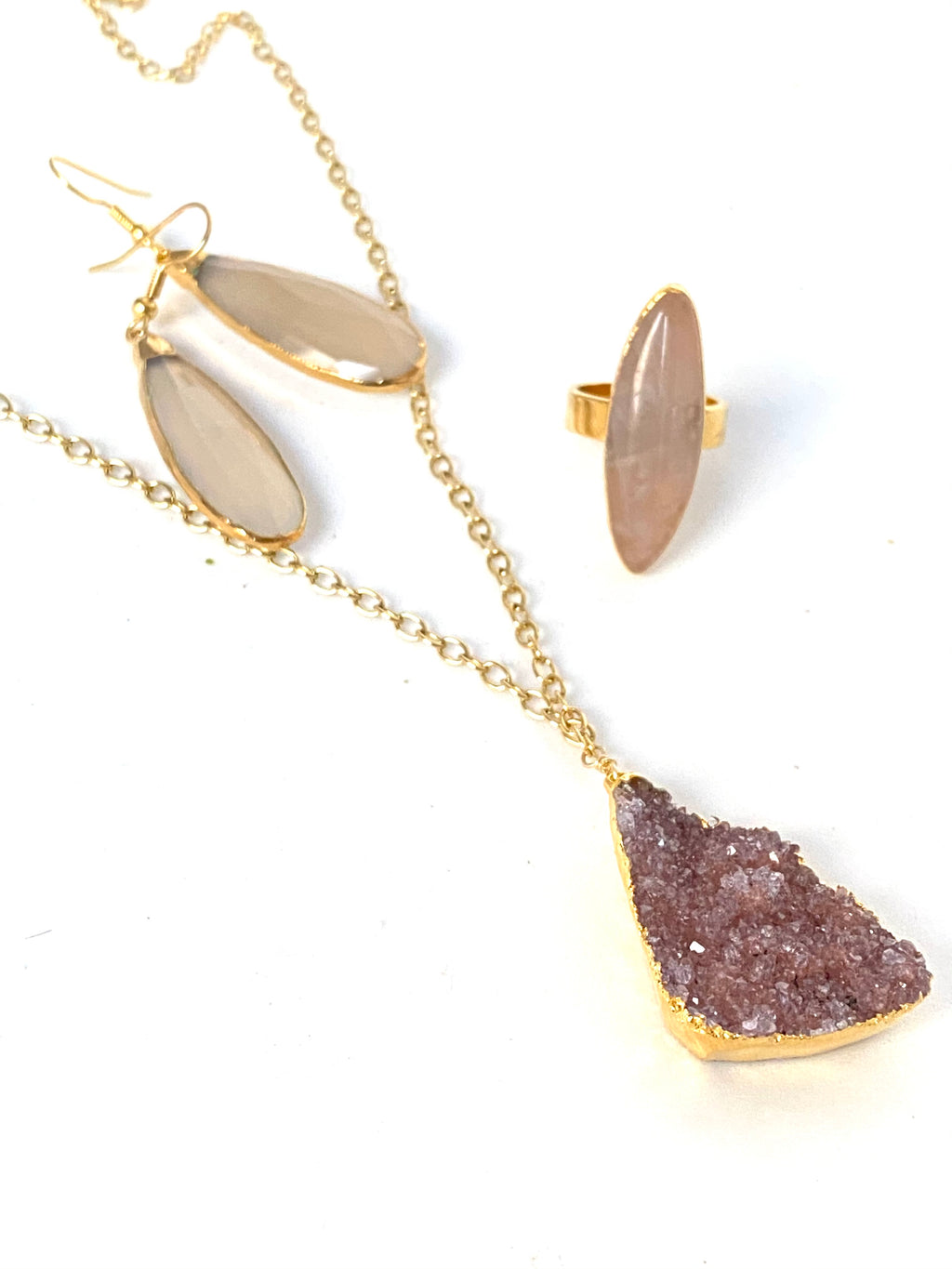 Mauve druzy pendant gold necklace - RobynRhodes