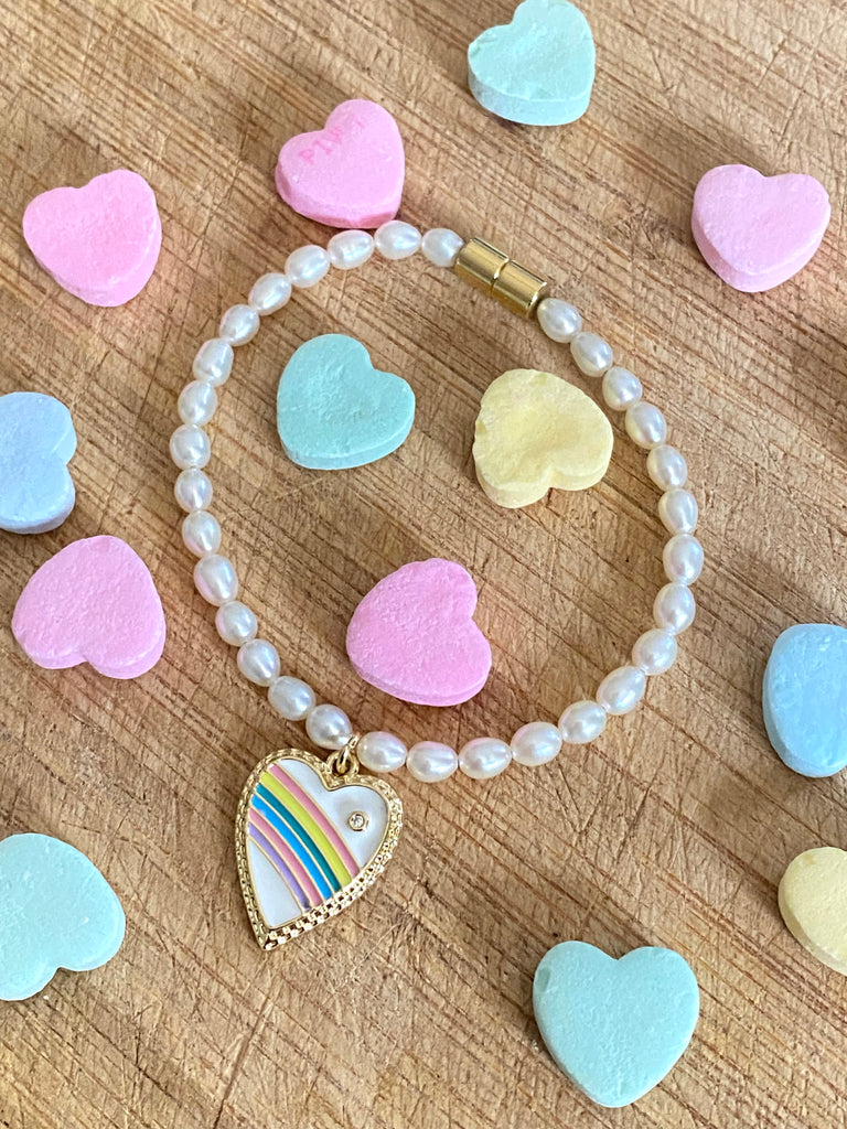 Freshwater pearl & heart rainbow charm bracelet - RobynRhodes